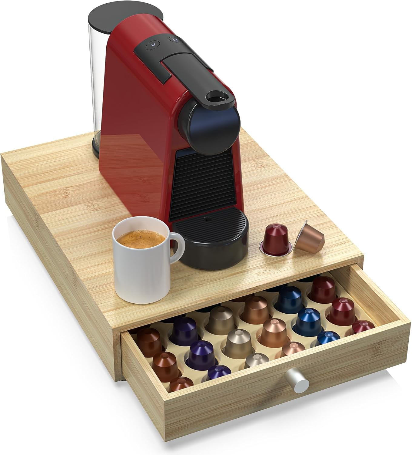 for Nespresso Original Capsules - Bamboo Coffee Pod Drawer Holder - 48 OriginalLine Pods Organizer (14.5D x 11.7W x 3.2”H)